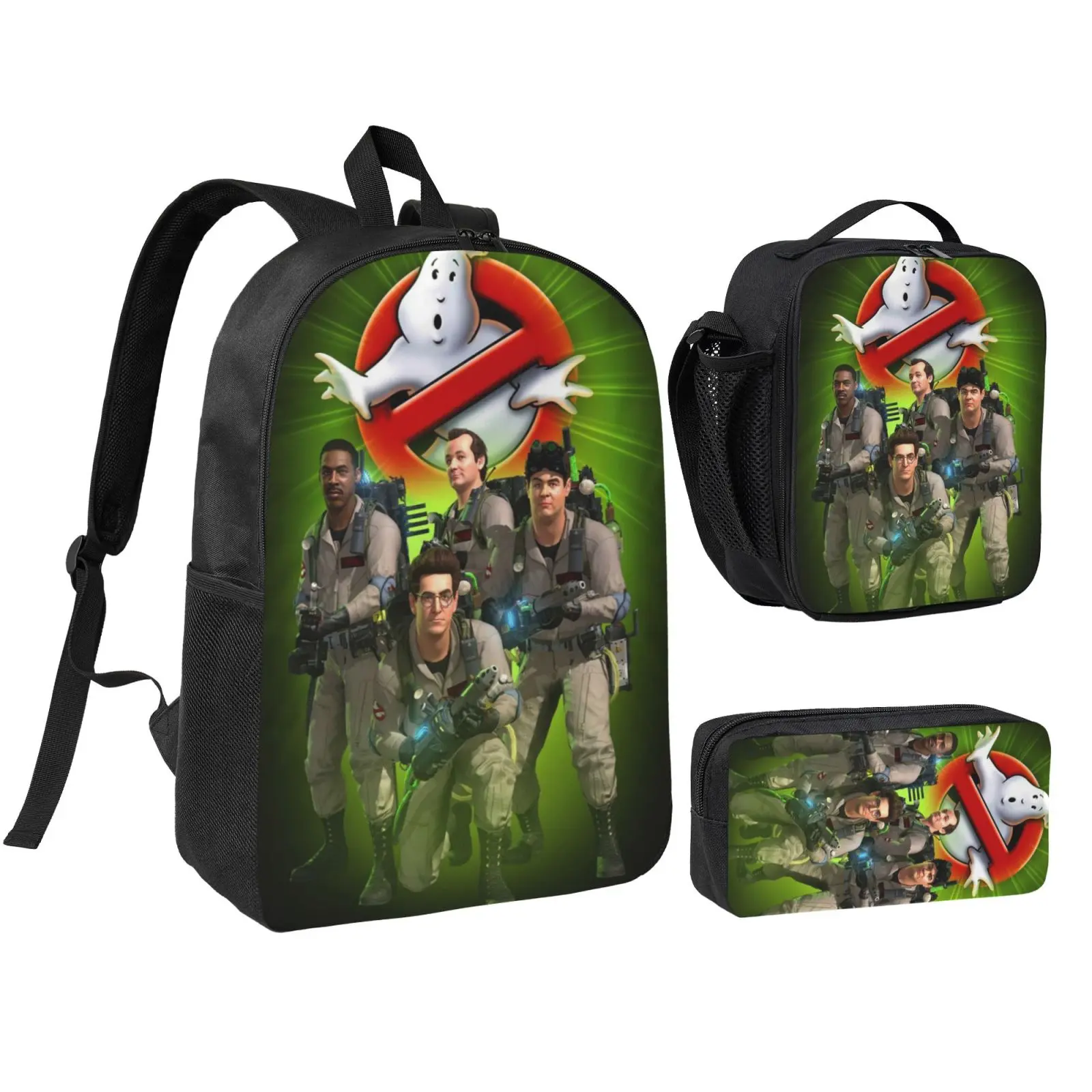 Anime Ghostbusters4 3Pcs School Backpack Set for Teens Boys Girls, Adjustable Strap Kids Bookbag with Insulated Lunch Bag & Pencil Case, Lightweight Travel Office Daypack