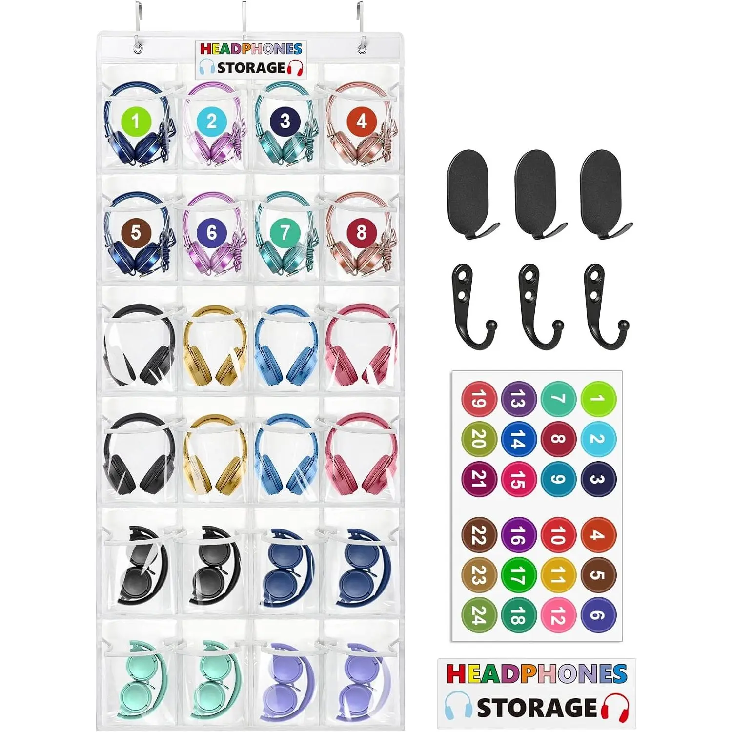 Enlarged Headphone Storage Classroom, 24 Large Pockets PVC Clear Headphone Holder for Classroom,with 3 Kinds of Mounting Accessories and Headphone Storage Stickers & Digital Stickers