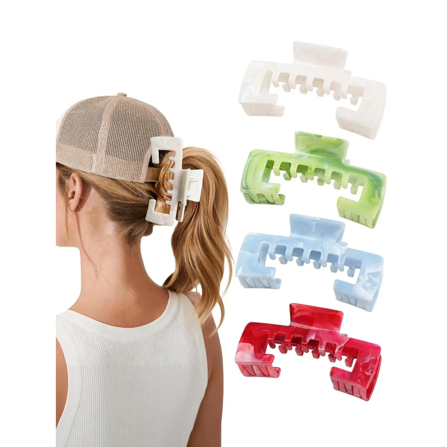 4-Pack Sweet Marble Pattern Hair Claw Clips with Hat, Anti-Slip Double Teeth Hair Grips, Ideal for Thick Hair, Versatile Hair Accessories