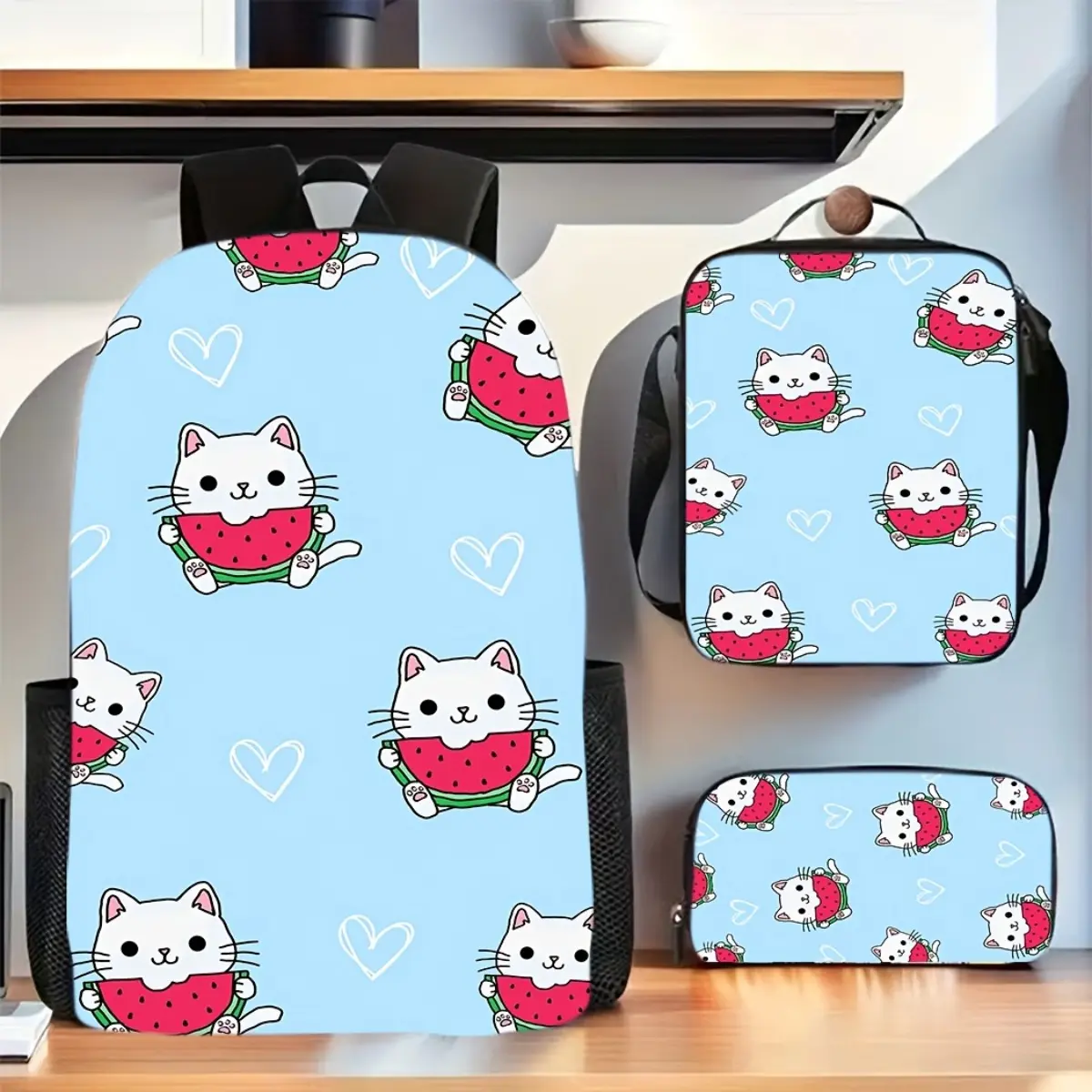 3pcs Backpack, Cute White Cat Eating Watermelon Print Backpack Set, Kawaii Cartoon Cat with Love Heart Pattern Printed Casual Daypack, Suitable for Daily School, Shopping and Outdoor Travel, Fashion Cute Leisure Backpack Set Comes with Matching Lunch