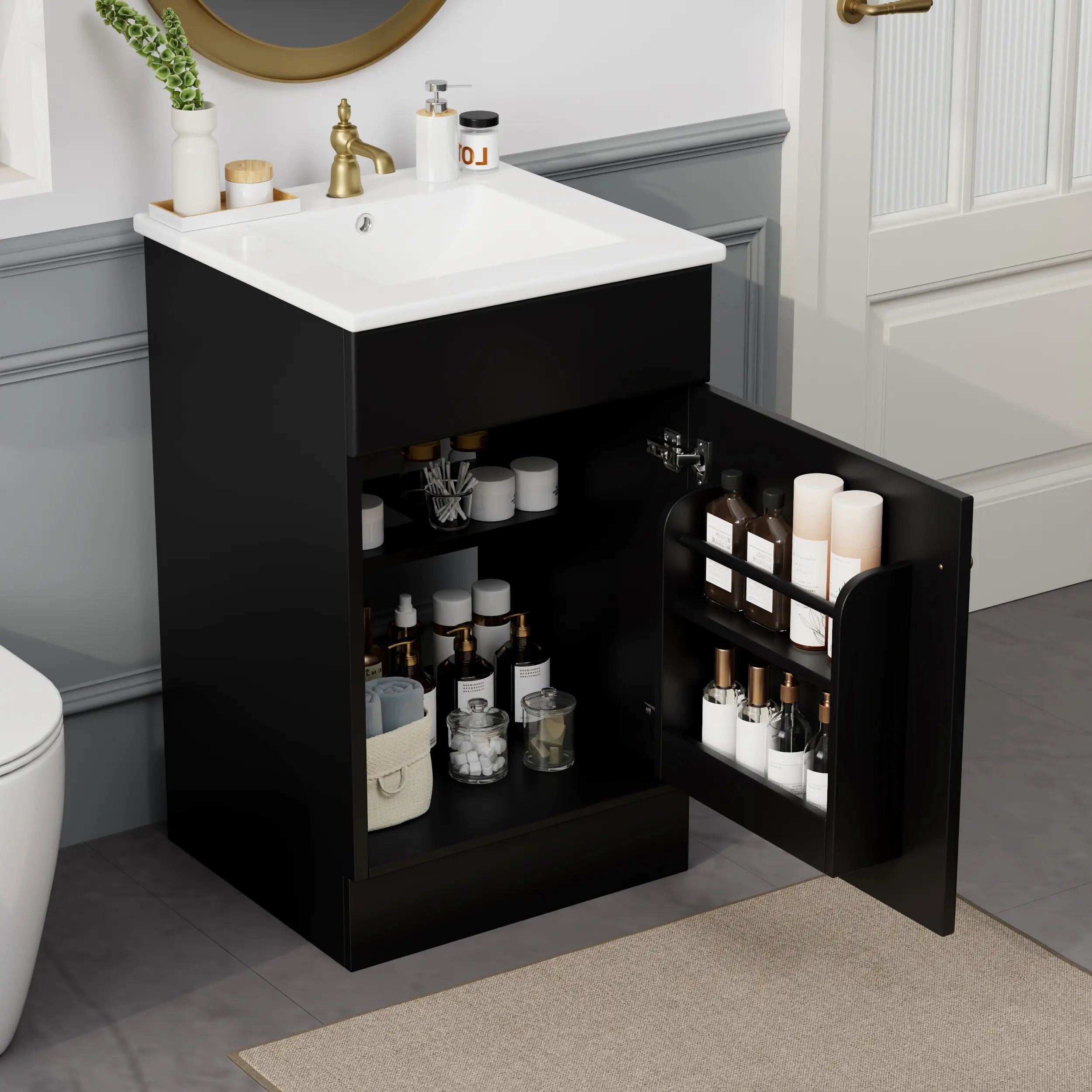 ARCH 20 Inch Bathroom Vanity with Sink Combo, Freestanding Floor Cabinet with Door Shelf and Adjustable Shelf, Modern Black Vanity Cabinet for Bathroom Storage, Single Sink Vanity Unit for Small Space, Living Room Table for Sofa Side, Bedroom