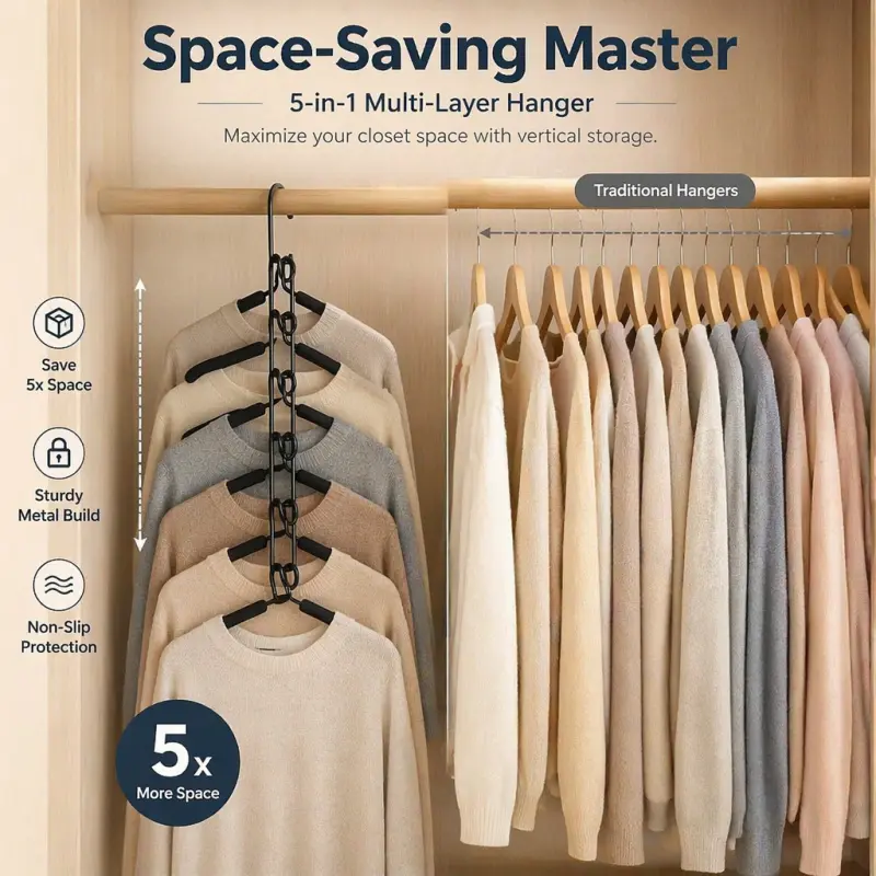 5 In 1 Vertical Space Saving Clothes Hanger, Sturdy Metal Multi-Layer Non-Slip Clothing Organizer, Closet Storage Hanging Rack For Shirts, Pants, Dresses To Maximize Wardrobe Storage Space