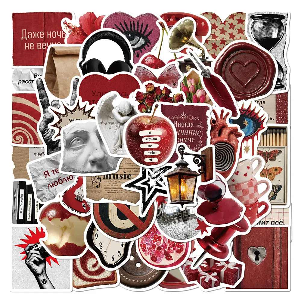 50pcs Retro Red Stickers, Office Supplies Suitable for Sticking on Scrapbooks, Diaries, Laptops, Water Bottles, Cars, Etc., Creative Birthday Gift
