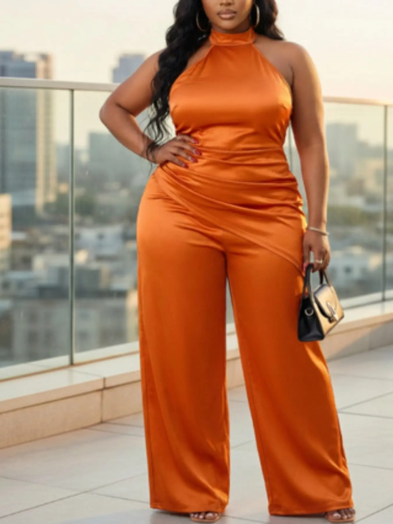Plus Size Women's Summer Halter Sleeveless Ruched Waist Elastic Flowy Wide Leg Jumpsuit, Elegant Design for Daily Outing, Casual Gatherings