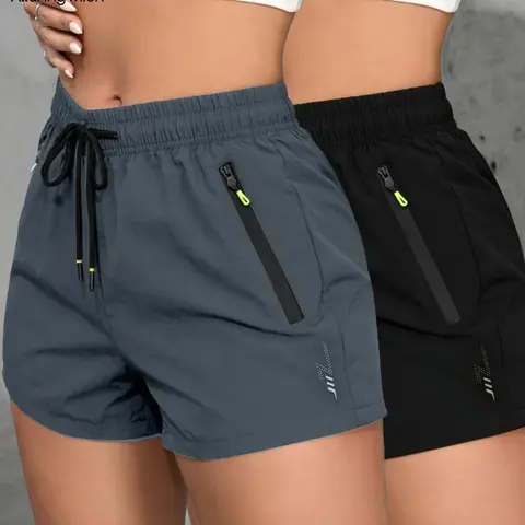 Women's Quick-Dry, Zip Pocket Design, Lightning Print Drawstring Fitness Running Shorts, Fitness Training Shorts, Comfortable Stylish Athleisure Wear