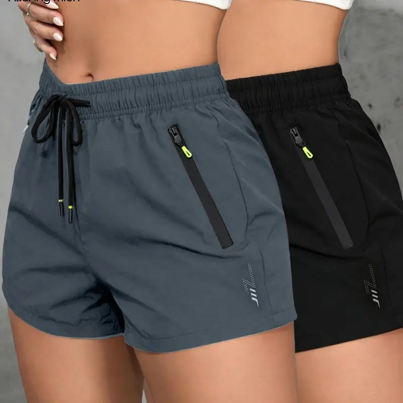 Women's Quick-Dry, Zip Pocket Design, Lightning Print Drawstring Fitness Running Shorts, Fitness Training Shorts, Comfortable Stylish Athleisure Wear