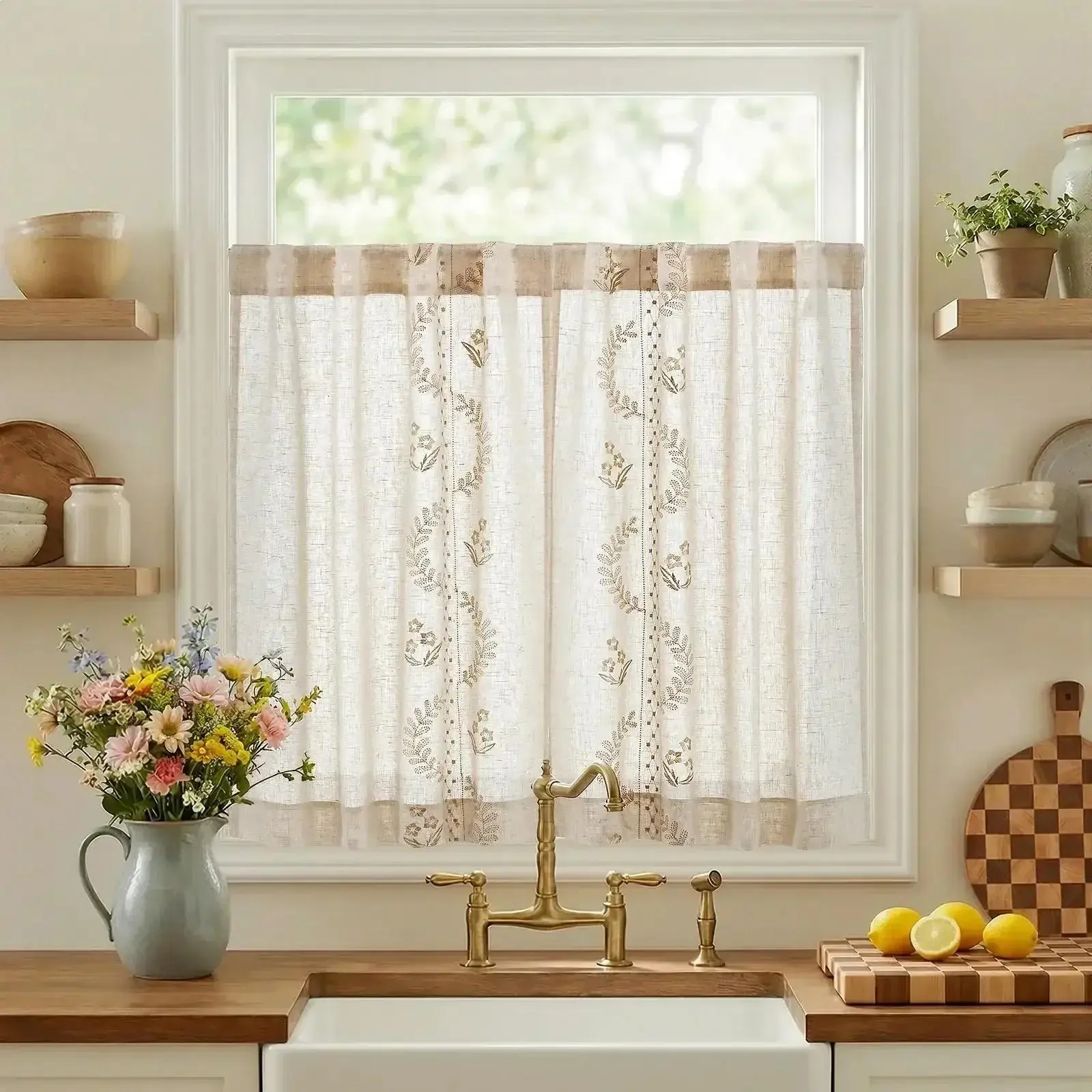 Vintage Wavy Floral Embroidery Kitchen Curtains