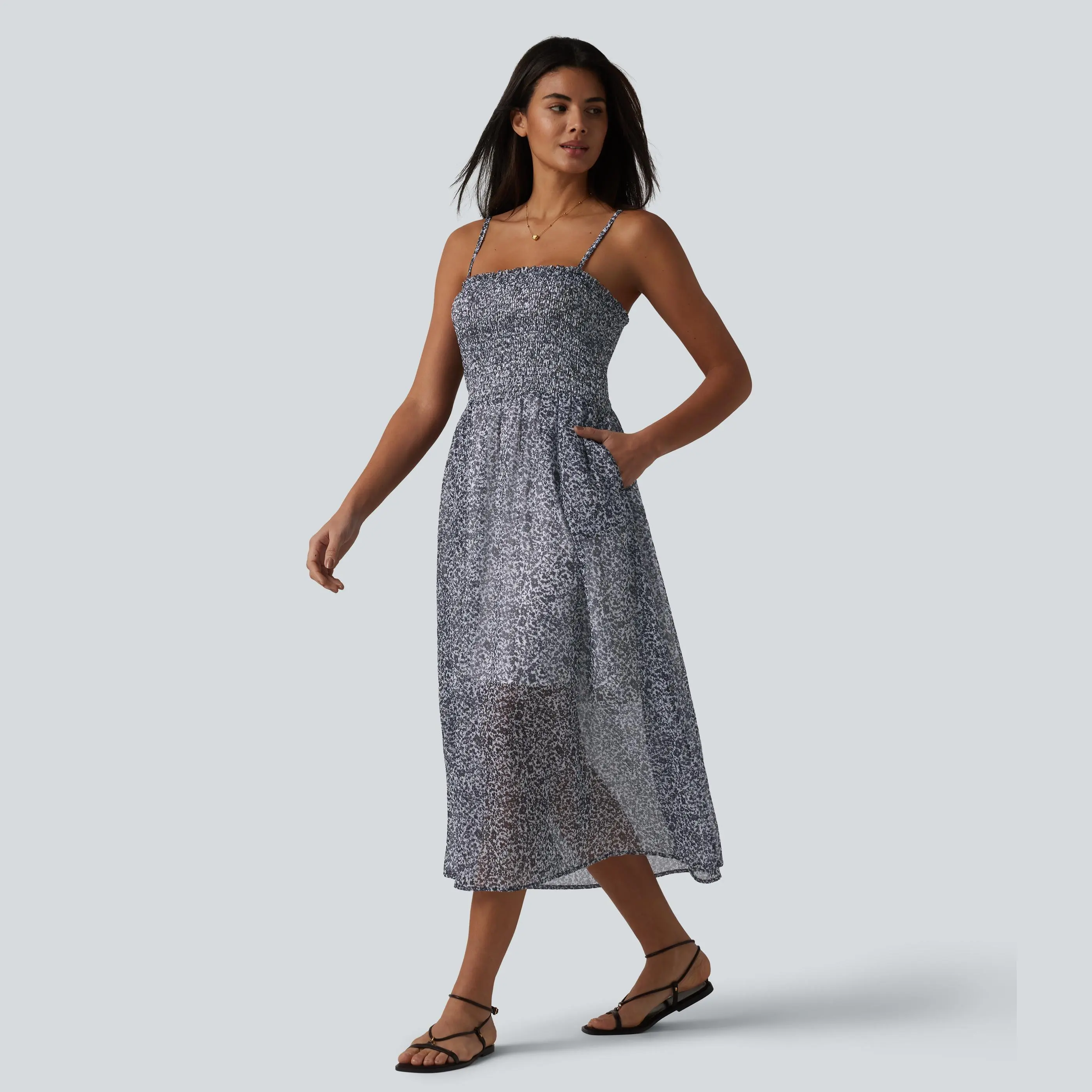 Halara Adjustable Straps Shirred Ditsy Floral Print Chiffon Flowy Midi Casual Slip Dress with Pockets