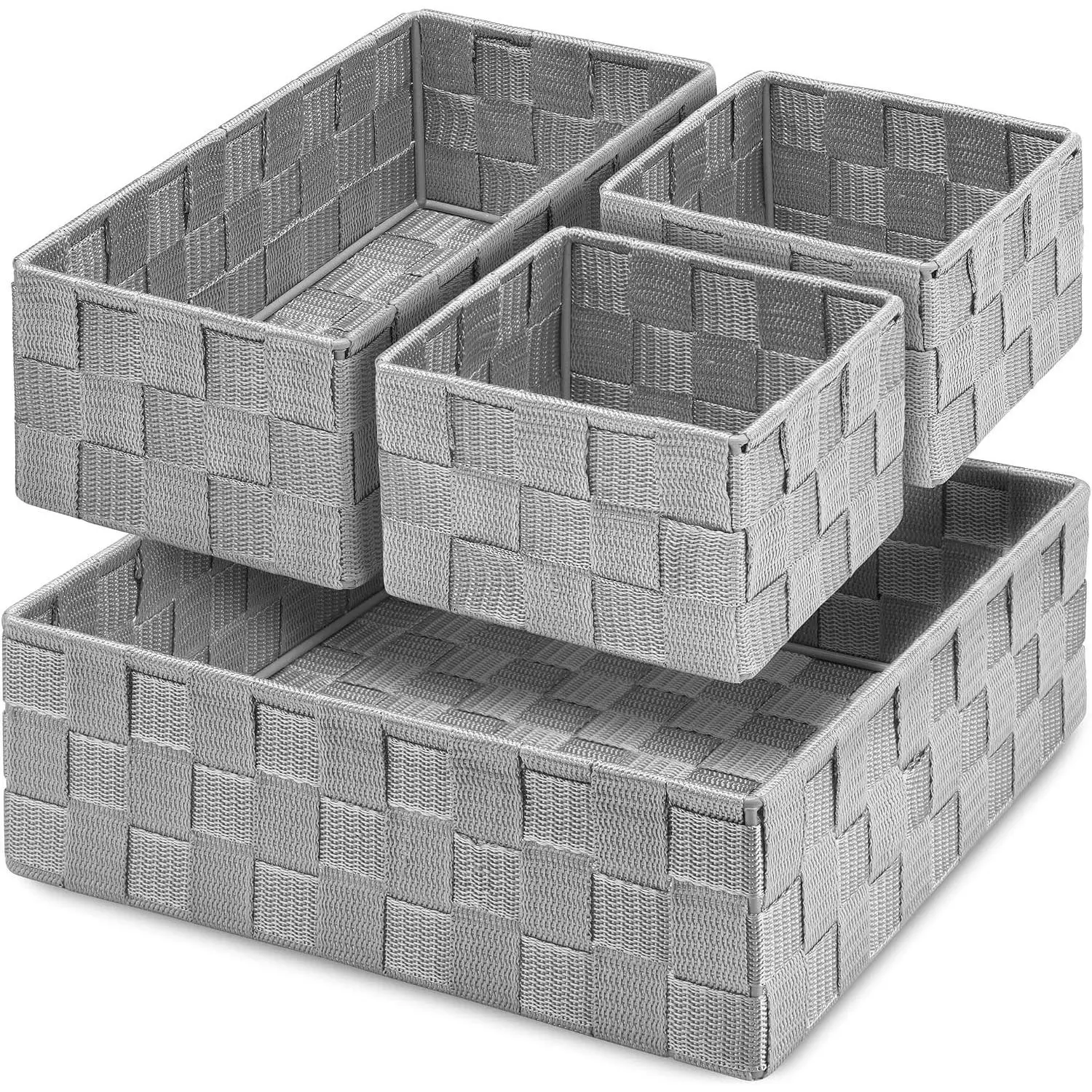 Drawer Organizer Bins,Woven Strap Storage Box Cube Basket Containers Divider for Organizing drawers, Shelves, Closets, Cabinets, Dressers and Countertops,set of 4, Light Grey