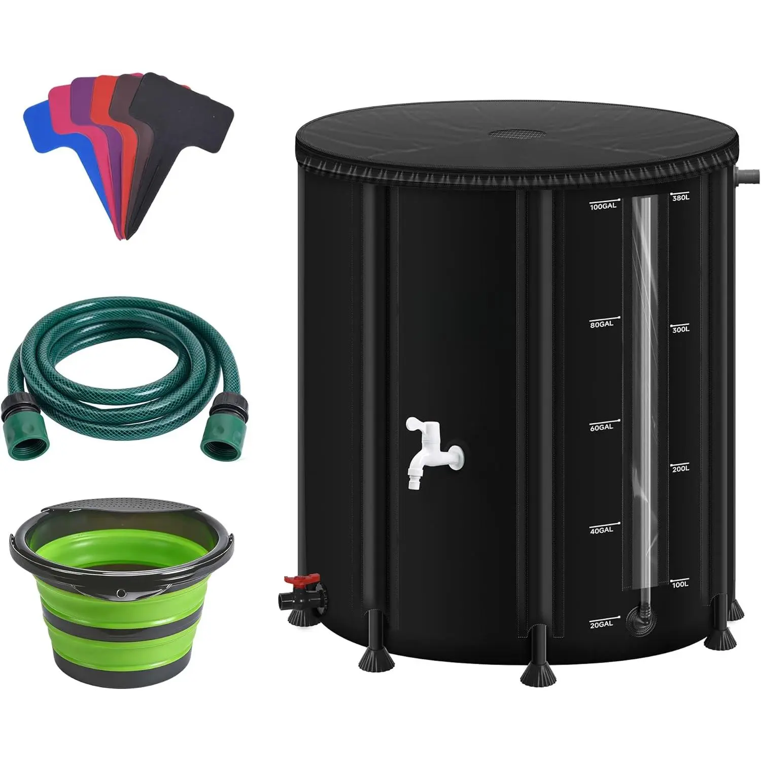 100 Gallon/380L Collapsible RainWater Collection Barrel,Water Tank&Reinforced with 2mm Frame Portable Rain Catcher,Includes Quick-Connect Tap&Sprinkler,Heavy Duty 0.6mm PVC for Long-Lasting Use,Black