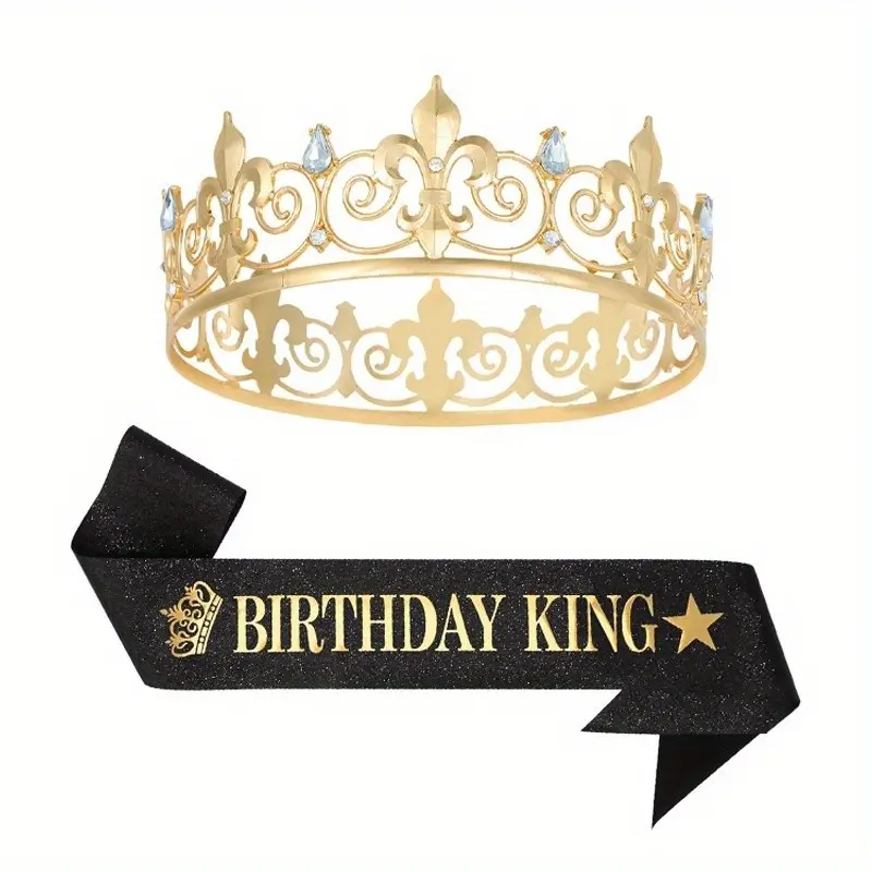 2Pcs Royal Prince Crown & King Sash Birthday Decor Set for Men Boys, Male Birthday Party Photo Prop Gift Supplies, Birthday Crown And Sash
