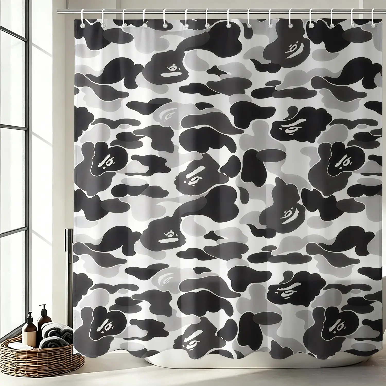 Black & White Camouflage Cartoon Ape Texture Trendy Cool Shower Curtain-Waterproof Anti-Mold Oxford Fabric 72 Inch 12 Hooks-No-Drill Easy Install Privacy Bath Drapes-Home/Dorm/Gaming Room Bathroom Decor