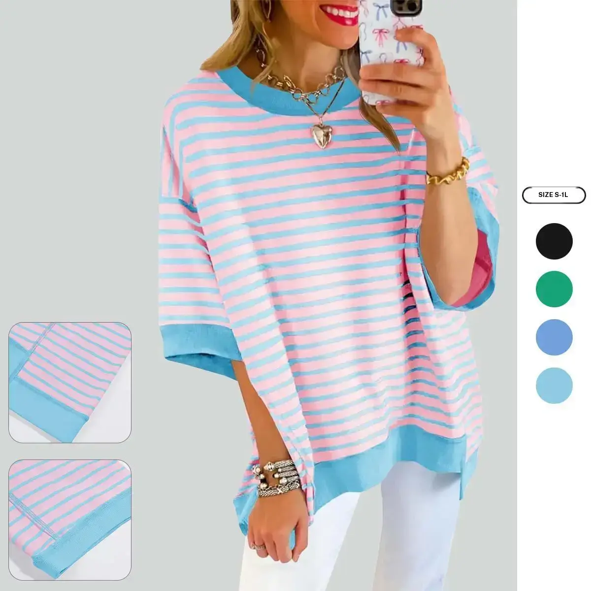 Imily Bela Womens Oversized T Shirts Striped Color Block Cotton Tops Summer Casual Half Sleeve Loose Fit Crewneck Sweatshirts