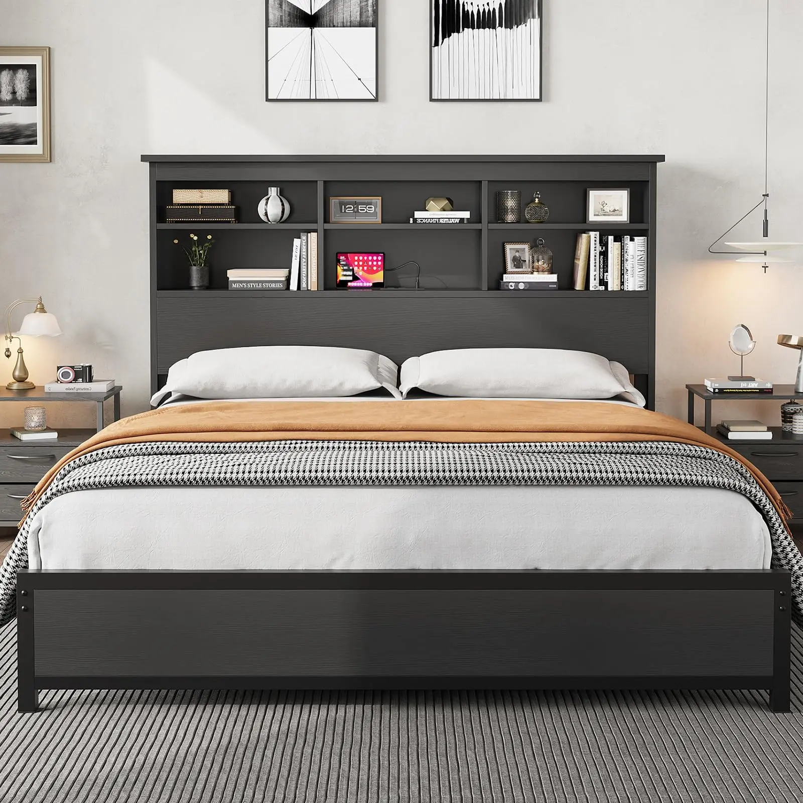 Full Size Black Wood Bed Frame, Tall Bookcase Headboard with USB and Type-C Charging Ports, Large Under Bed Storage Space, Embossed Textured Finish, Heavy Duty Frame No Box Spring Needed