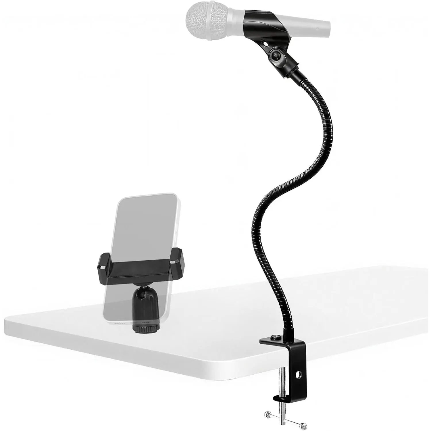 2 In 1 Gooseneck Mic Stand with Phone Clip, 13 Inch Flexible Mic Arm Desk Mount for Podium, Lecture, Podcast, Studio, Microphone Holder Compatible with Shure SM58, Beta 58A, Samson Q2U