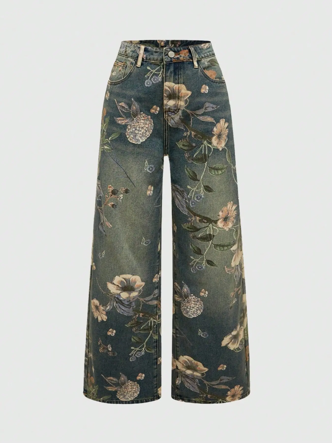 Vintage Distressed Washed High Waist Wide Leg Jeans for Women, Retro Floral Botanical Print Y2K Boho Streetwear Baggy Denim Pants