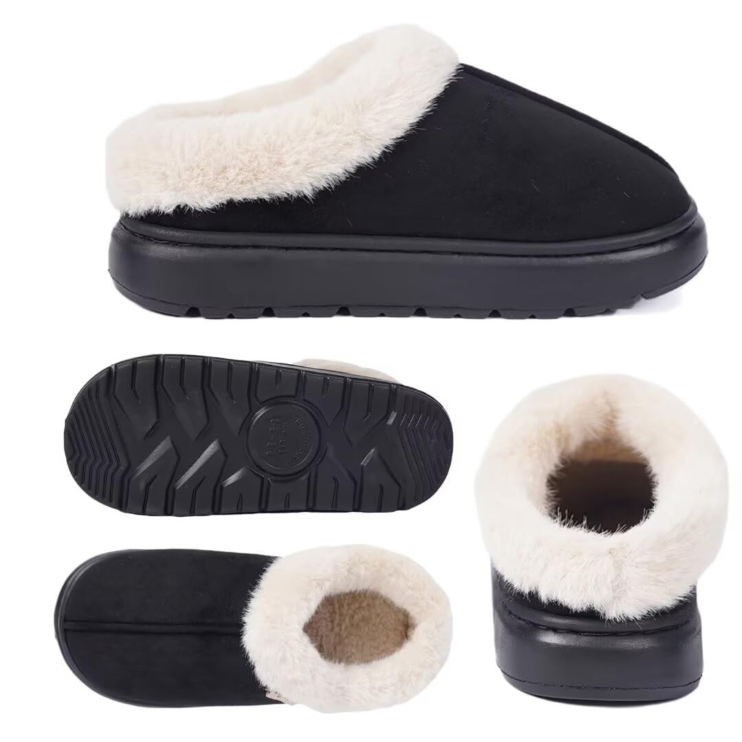 Women's Fluffy Winter Slippers Soft And Warm Durable Upper Indoor Outdoor Anti-slip EVA Sole Easy To Wear Black Suede Footwear