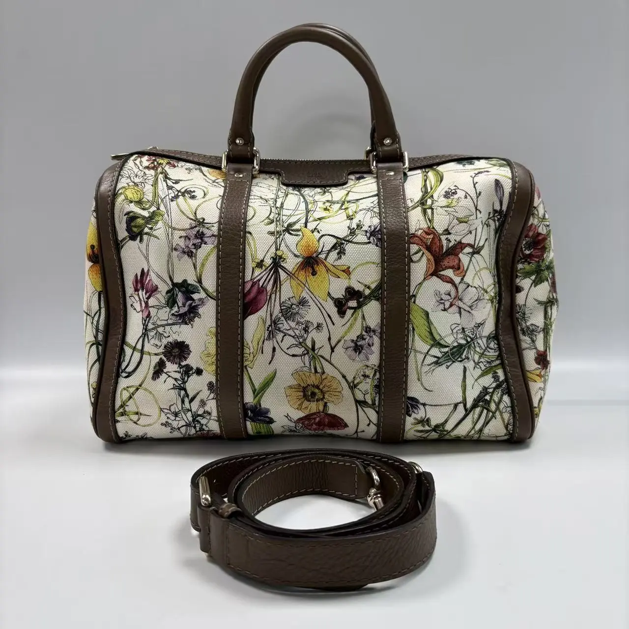 Pre-owned Gucci Off White Flora Print Canvas Boston Duffle Bag Brown X531 26.06.03