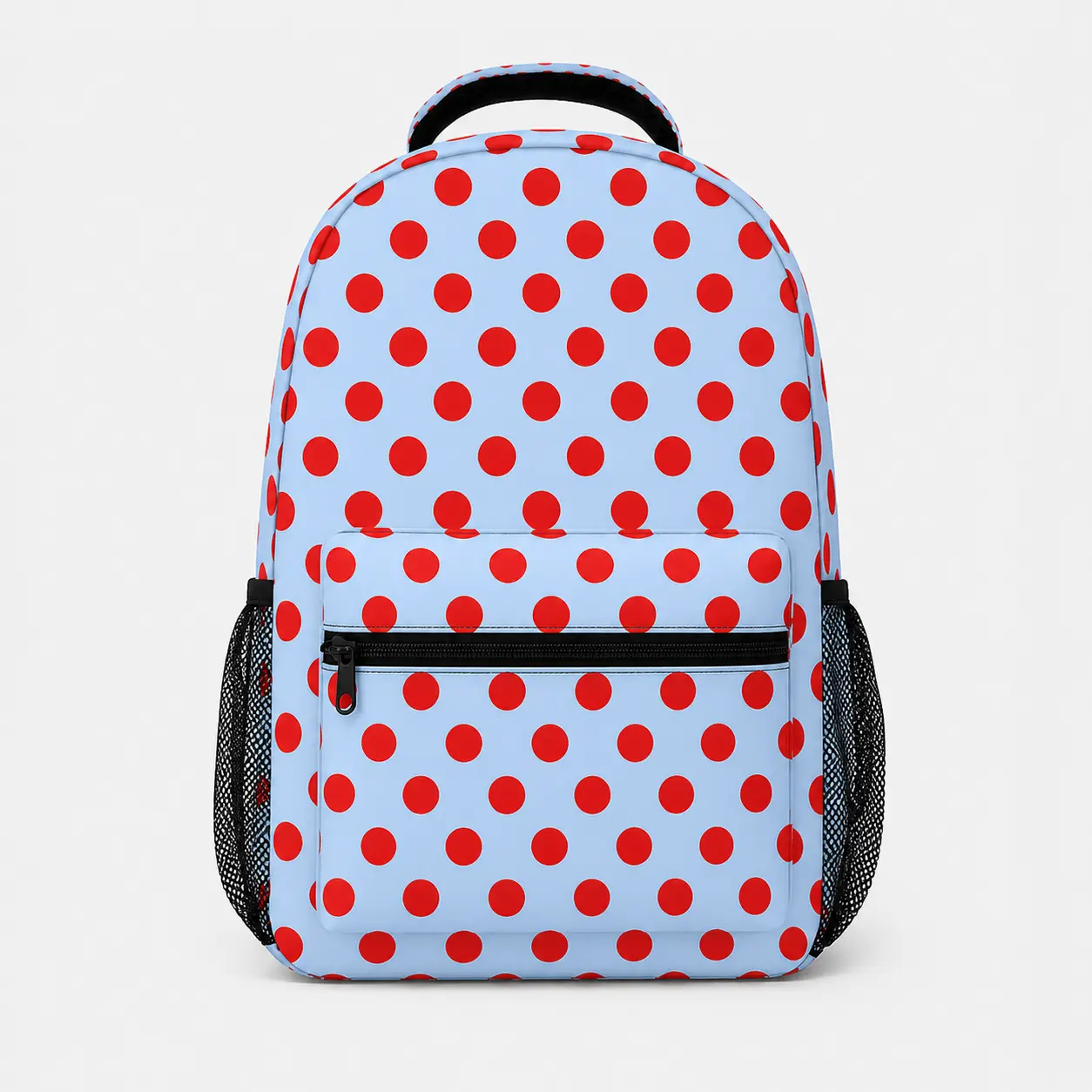 Retro Light Blue & Red Polka Dot Backpack, Lightweight Polyester Daypack for School & Travel with Adjustable Straps, Polka Dots