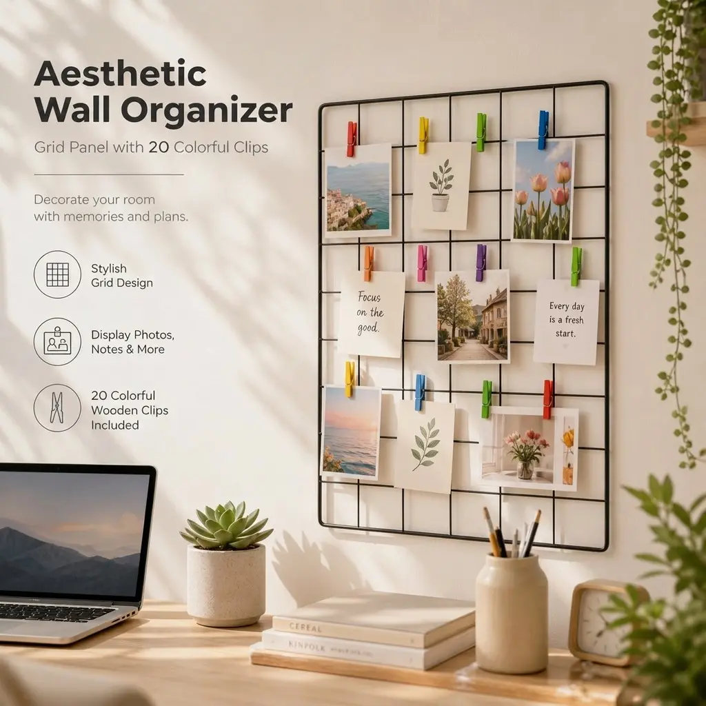Metal Grid Wall Photo Display Board, Includes 20 Colorful Wooden Clips, Style Iron Mesh Storage Shelf, Bedroom Study Room Decor
