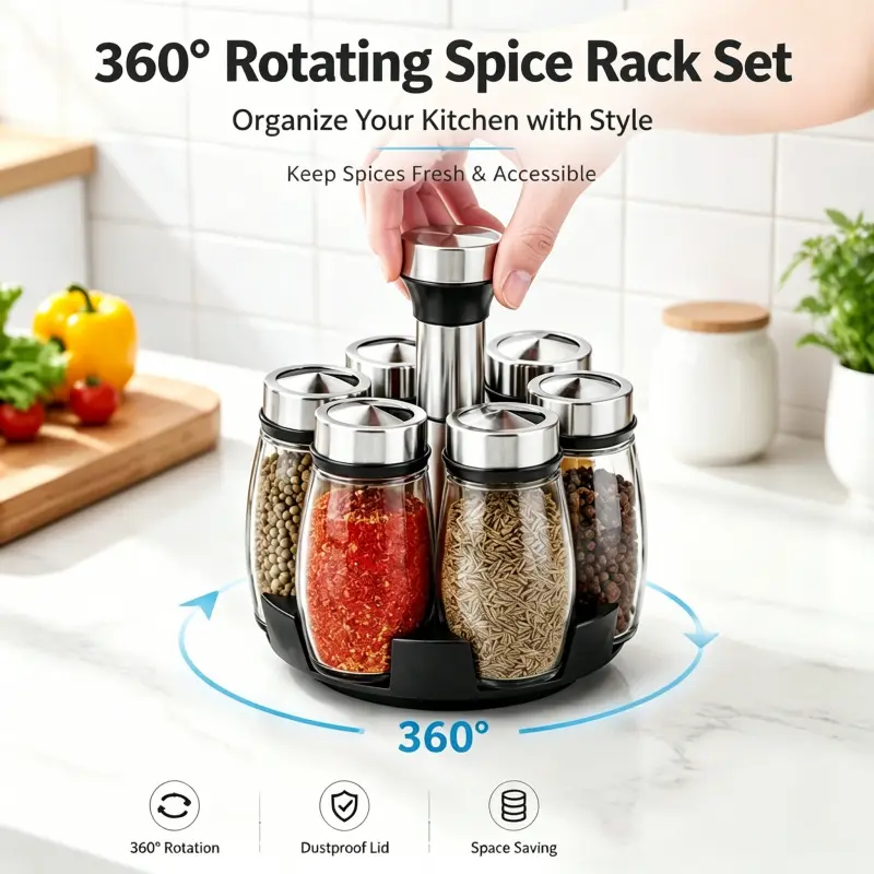 Dustproof Rotatable Spice Jar Holder Glass Jars 360 Degree Rotating Base 6 Glass Condiment Bottles For Home Cooking Kitchen Counter