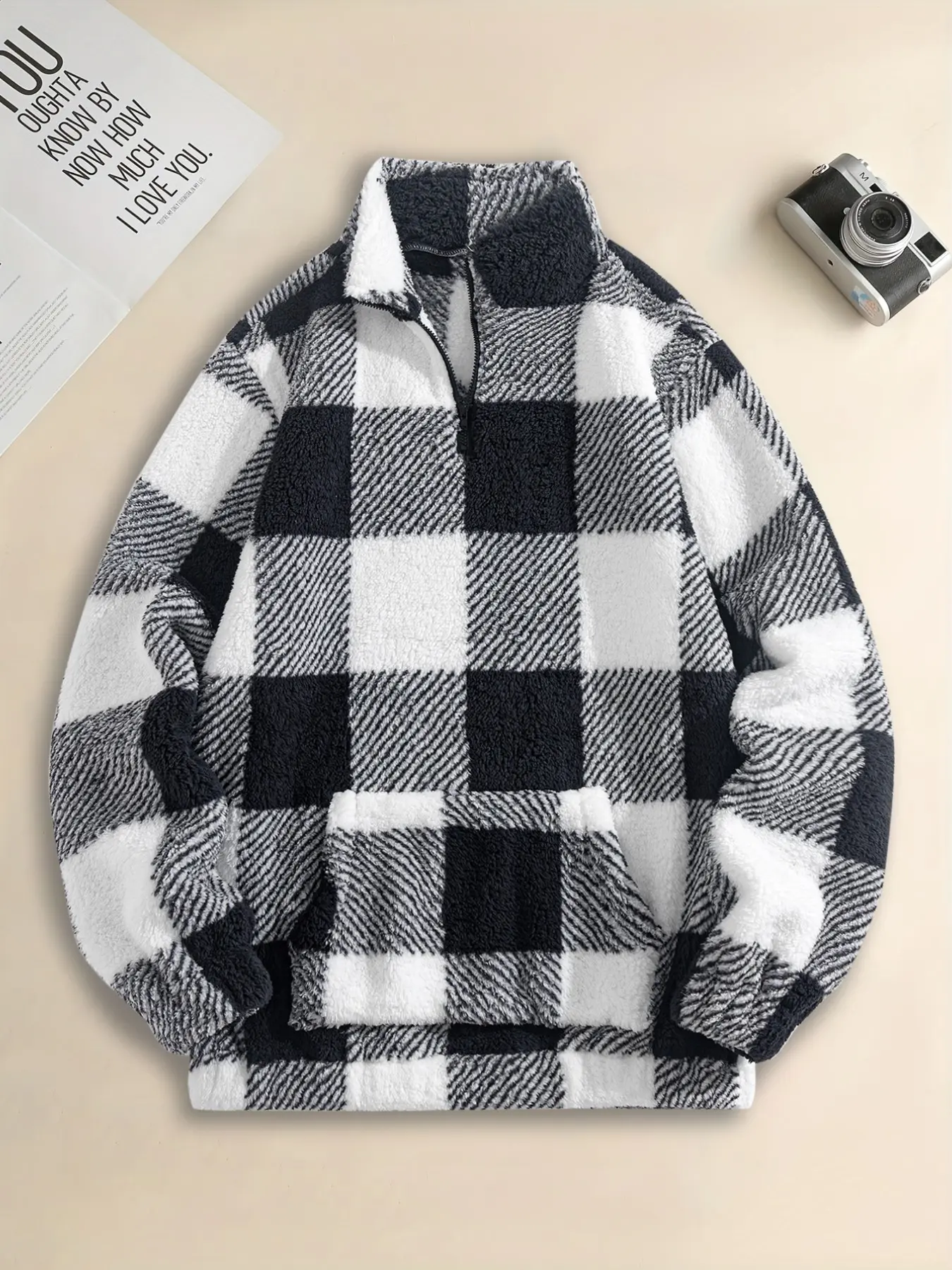 Men's Buffalo Plaid Fluffy Fleece Sweatshirt, Quarter Zip Stand Collar, Casual Streetwear, Winter Warm Pullover