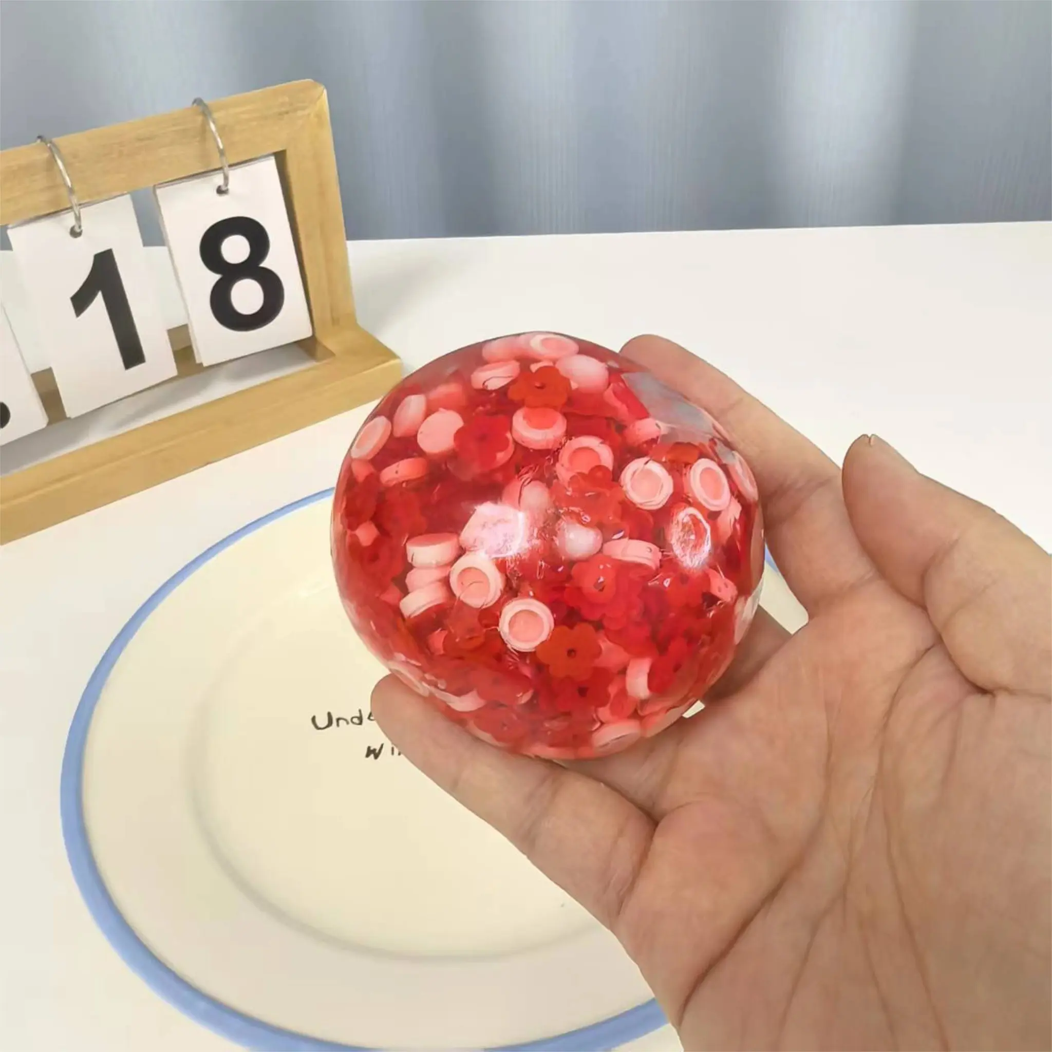 Handmade Strawberry Mochi Bloom Stress Ball, Soft Stress Balls, Mochi Squishies, Crystal Clear Squishy with Soft Strawberry & Flower Pieces, Perfect for Relaxation and Fun
