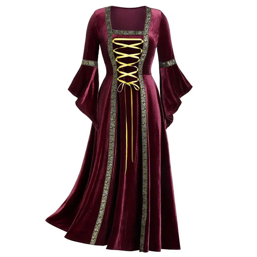 Women's Elegant Vintage Velvet Victorian Trumpet-Sleeve Lace-Up Gown - Renaissance Queen Robe, Halloween Witch Cosplay Party Costume for Festive Events (Festive & Party Supplies)