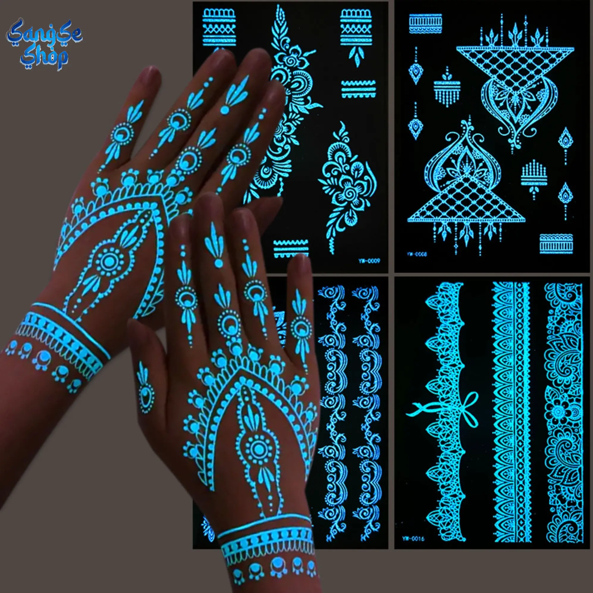 Glow-in-the-Dark Temporary Tattoo Stickers - Indian Henna Lace Stencil Hand Designs, Waterproof Ethnic Body Art Bag Charms & Twillies for Women’s Festival-Party Use