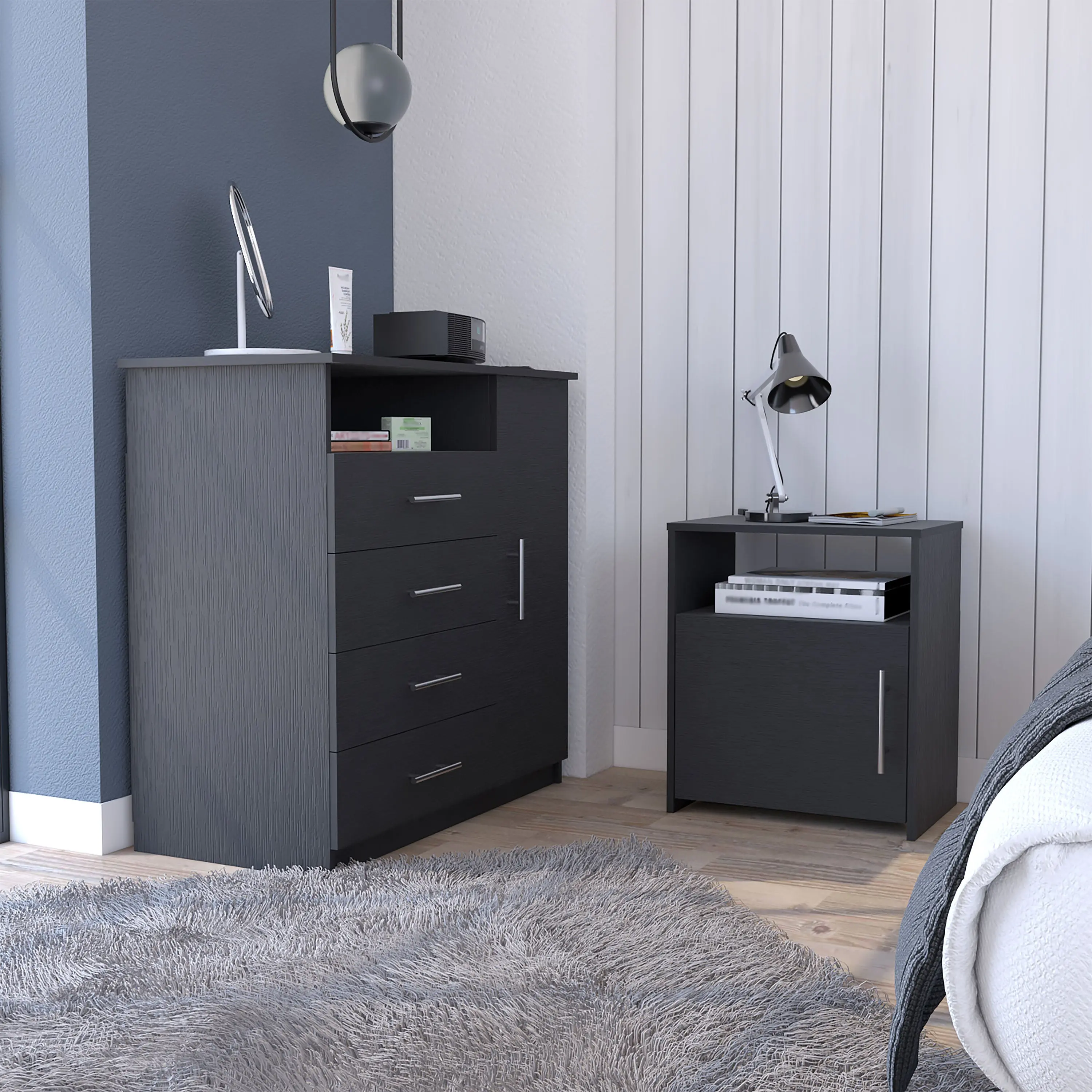 Nokaa 2-Piece Bedroom Set with 4-Drawer Dresser and Nightstand, Black Particle Board, Full Size, Ready-to-Assemble, Interlocking Mechanism, Pre-drilled Holes, Clear Instructions, Combo Set for Bedroom