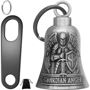 St. Michael Motorcycle Bell Guardian Angel Gremlin Biker Bells for Luck with Motorcycle Bell Hanger, 2 Key Chain Ring Accessories, Velvet Pouch