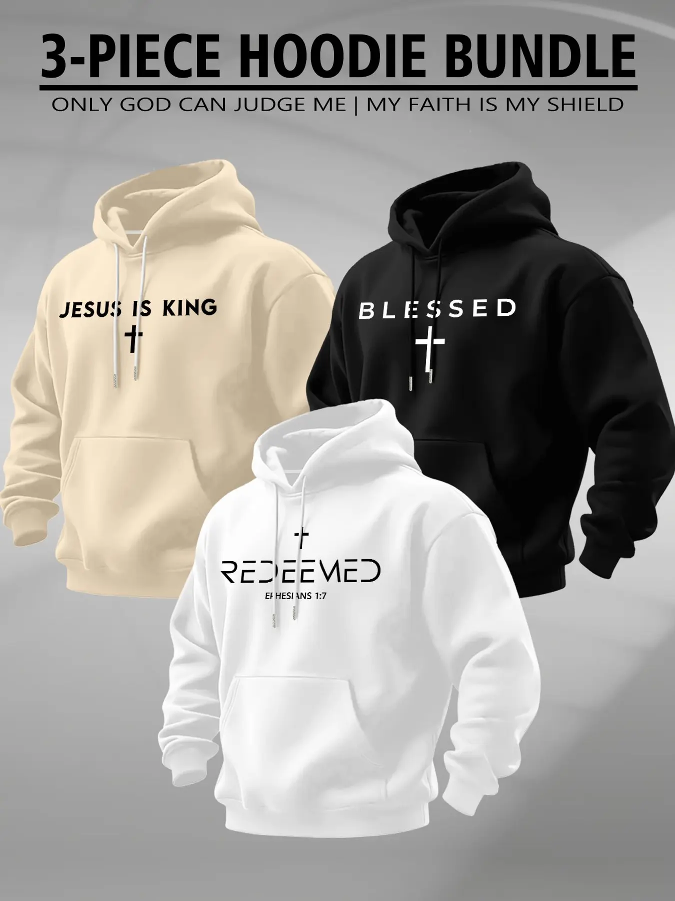 Men's 3 Pack Pullover Hoodies, Jesus Blessed Redeemed Cross Scripture Print, Minimal Christian Faith Casual Long Sleeve Sweatshirt Bundle for Men