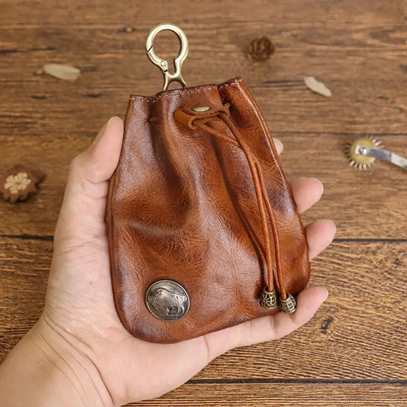 Retro Full-Grain Leather Coin Pouch for Male, Mini Drawstring Bag with Hand-Rubbed Finish & Carabiner Clip for Daily Carry, Birthday Gift, Easy To Clean, Dust-Proof, Compact Fit, Metal Carabiner Clip, Foldable, Moisture-Proof, Portable, Coin Wallet