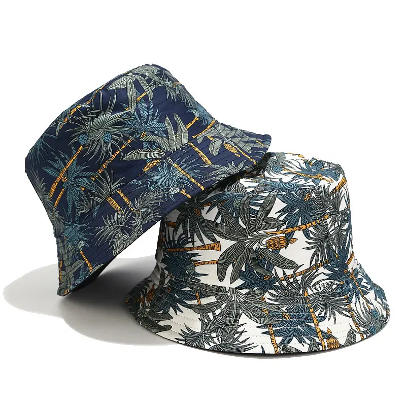 Hawaiian Palm Tree Bucket Hat Reversible Summer Sun Beach Cap Tropical Coconut Tree Print Cotton Foldable Fishermans Bonnet Pack For Men Women Vacation Outdoors