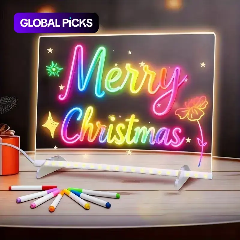 Acrylic LED Drawing Board Light, LED Acrylic Night Light-Up Board with Stand, 7 Markers & 2 Cleaning Cloths, Erasable Reusable Writing & Drawing Board, Ideal for Home, Holidays, Office, School, Professional Art Use, Decorative Neon Sign