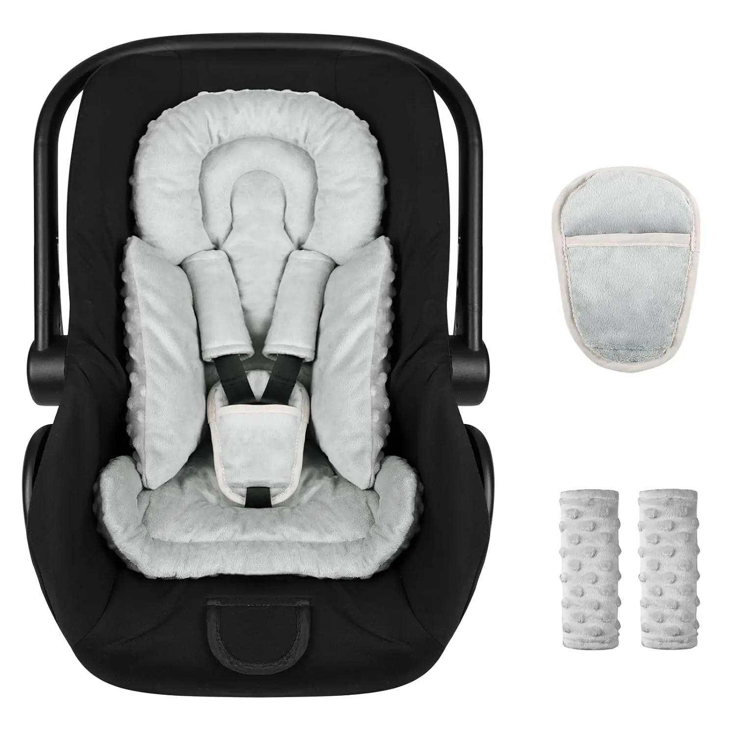 Baby Infant Car Seat Insert 4-Piece Set - Minky Plush Polyester Blend Fabric, Reversible Circular Head & Body Support Cushion, Strap Covers, Universal Stroller Fit, Machine Washable, Grey, Newborn, Portable, Reversible Covers, Universal Fit