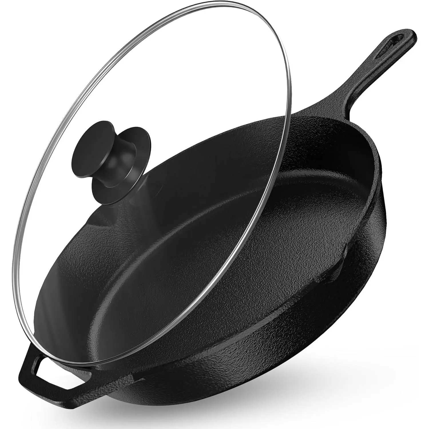 12-Inch Premium Pre-Seasoned Cast Iron Skillet - Sturdy Saute Frying Pan with Lid & Handles, Thermal, Oil-Ready for Immediate Cooking, Searing-Safe for Baking, Camping, Indoor & Outdoor Stove/Oven Use, Black