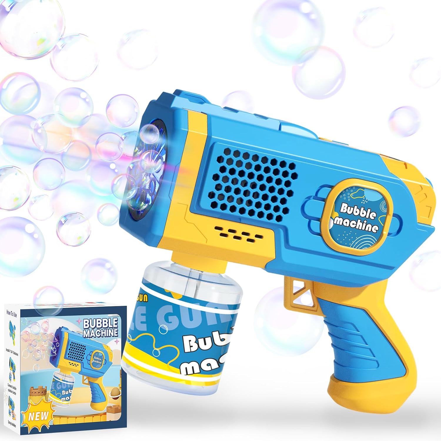 Portable Automatic Bubble Machine, 8-Hole Handheld Glowing Bubbles, Includes 270ML Bubble Solution, Perfect Summer Beach Party Gift