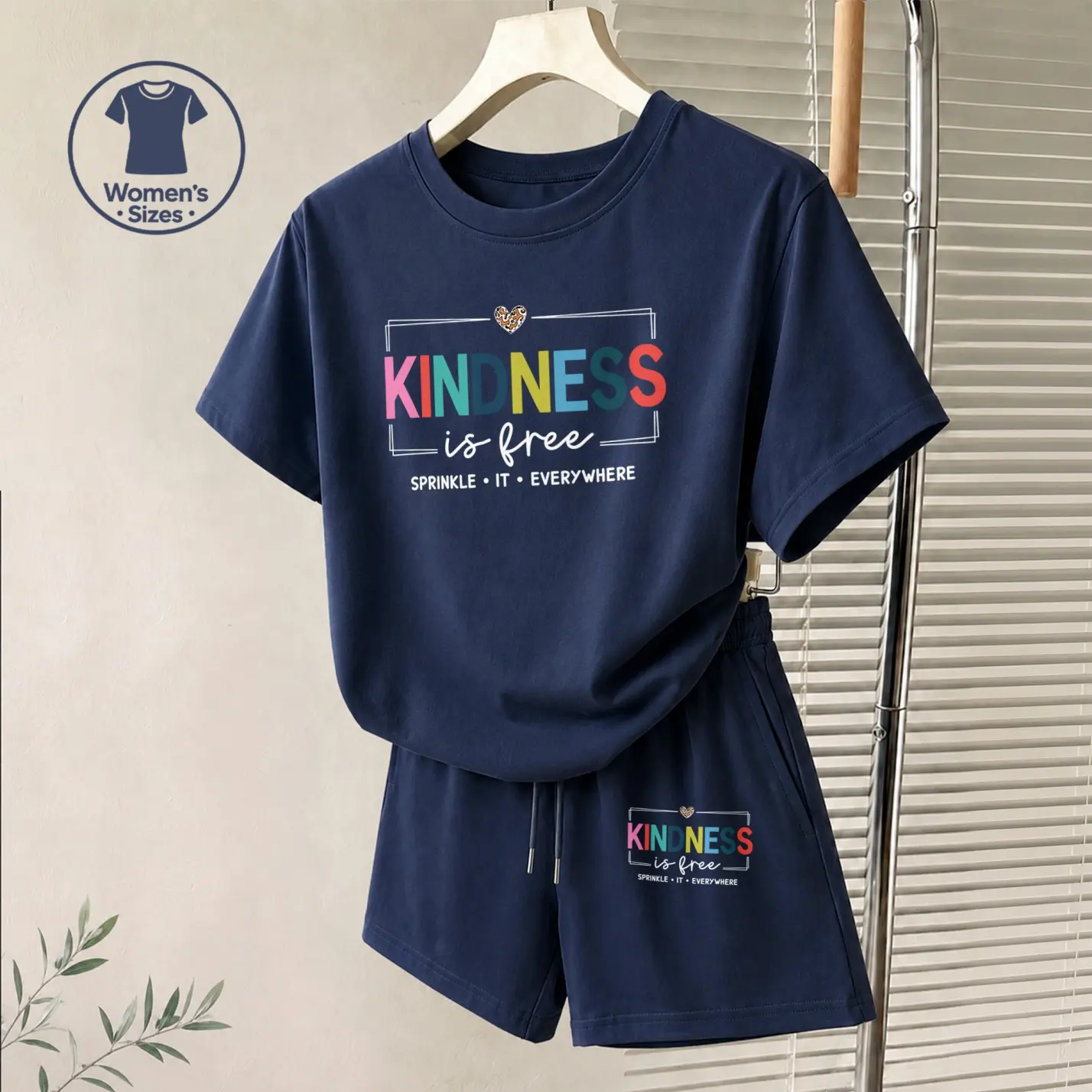 Women’s “Kindness Is Free” Graphic Print Casual 2-Piece Shorts Set, Short Sleeve T-Shirt and Drawstring Shorts Outfit, Comfortable Lounge Set for Beach, Vacation, Cruise, Travel, Daily Wear and Summer Casual Style
