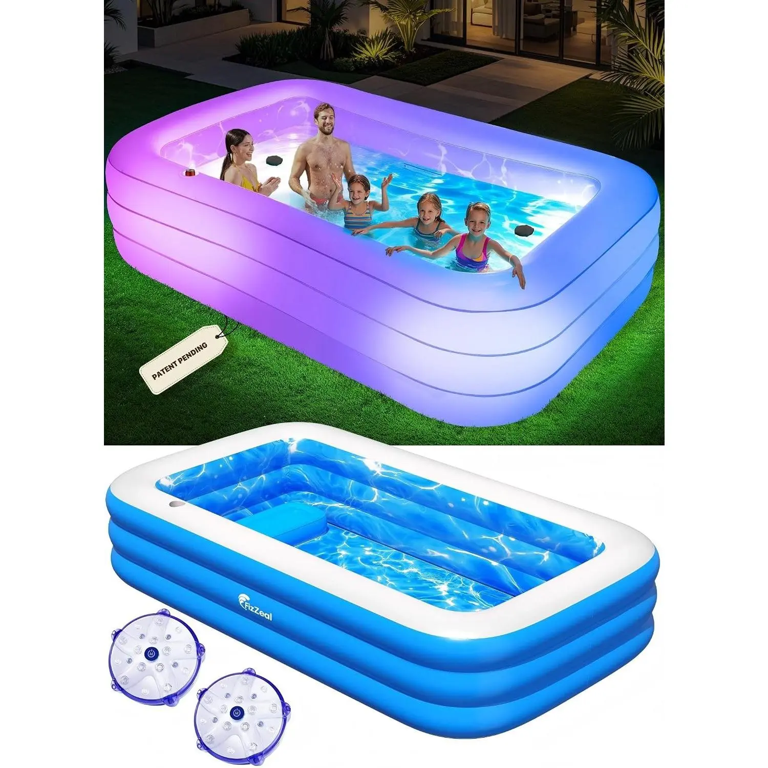 Inflatable Pool with Pool Lights and Seat, Durable Thickened Large Size Family Inflatable Pools for Adults Blow Up Pools,110" x 63" x 20"Swimming Inflatable Kids PooI for Backyard,Outdoor (White)Gift.