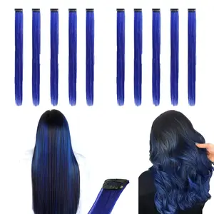 10 Count Blue Clip in Hair Extensions, 22 Inch Long Straight Synthetic Colored Hair Pieces, Natural Highlight Hair Extensions for Girls Women Daily Wear Party Cosplay