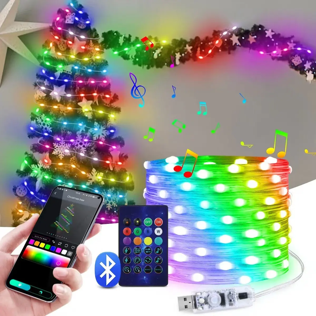 Christmas Fairy Lights - 66ft 200 LED Color Changing Fairy Lights with Remote,Solar copper wire lamp Plug-in RGB Rainbow Xmas Twinkle Light Indoor Purple Orange Starry Light for Xmas Halloween Home Party Wedding
