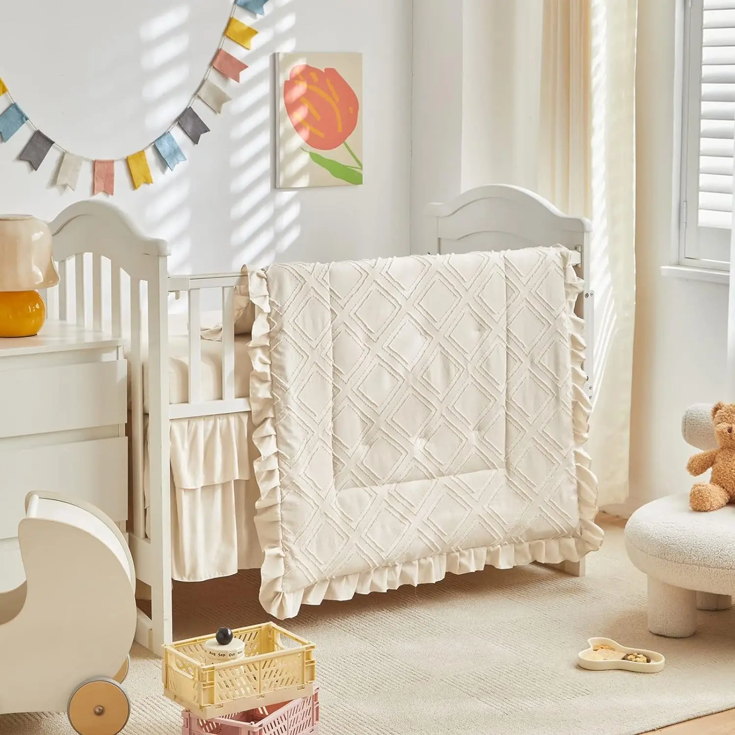 Tufted Ruffle 3-Piece Baby Boho Crib Bedding Set - Quilted Comforter with Fitted Sheet and Bed Skirt, Cute Ruffled Shabby Chic Soft Baby Bedding Blanket, Cream White
