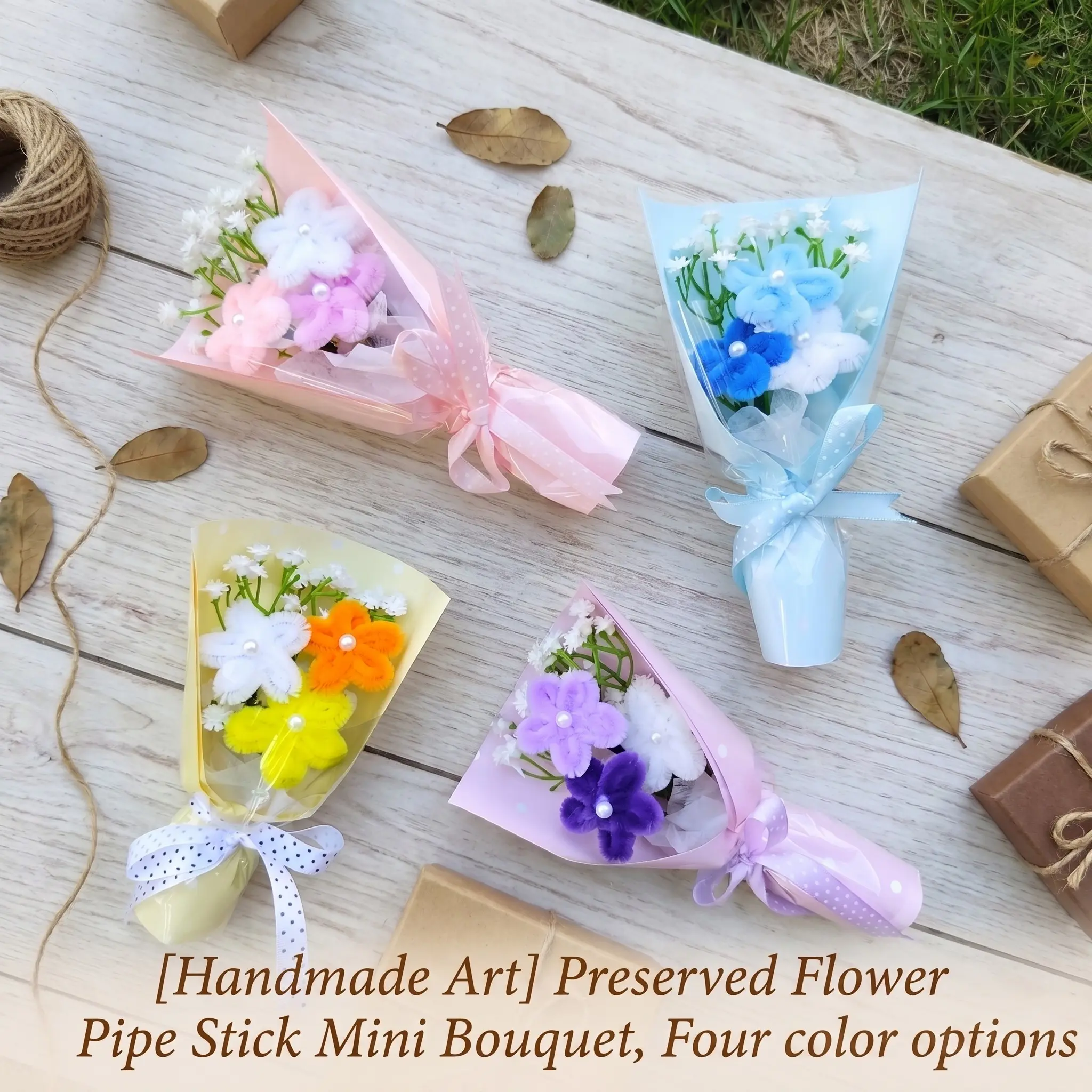 Handmade Mini Pipe Cleaner Flower Bouquet, Cute Chenille Stem Daisy Arrangement with Pearls & Gypsophila, Fluffy Forever Flower Gift for Friends, Party Home Decor