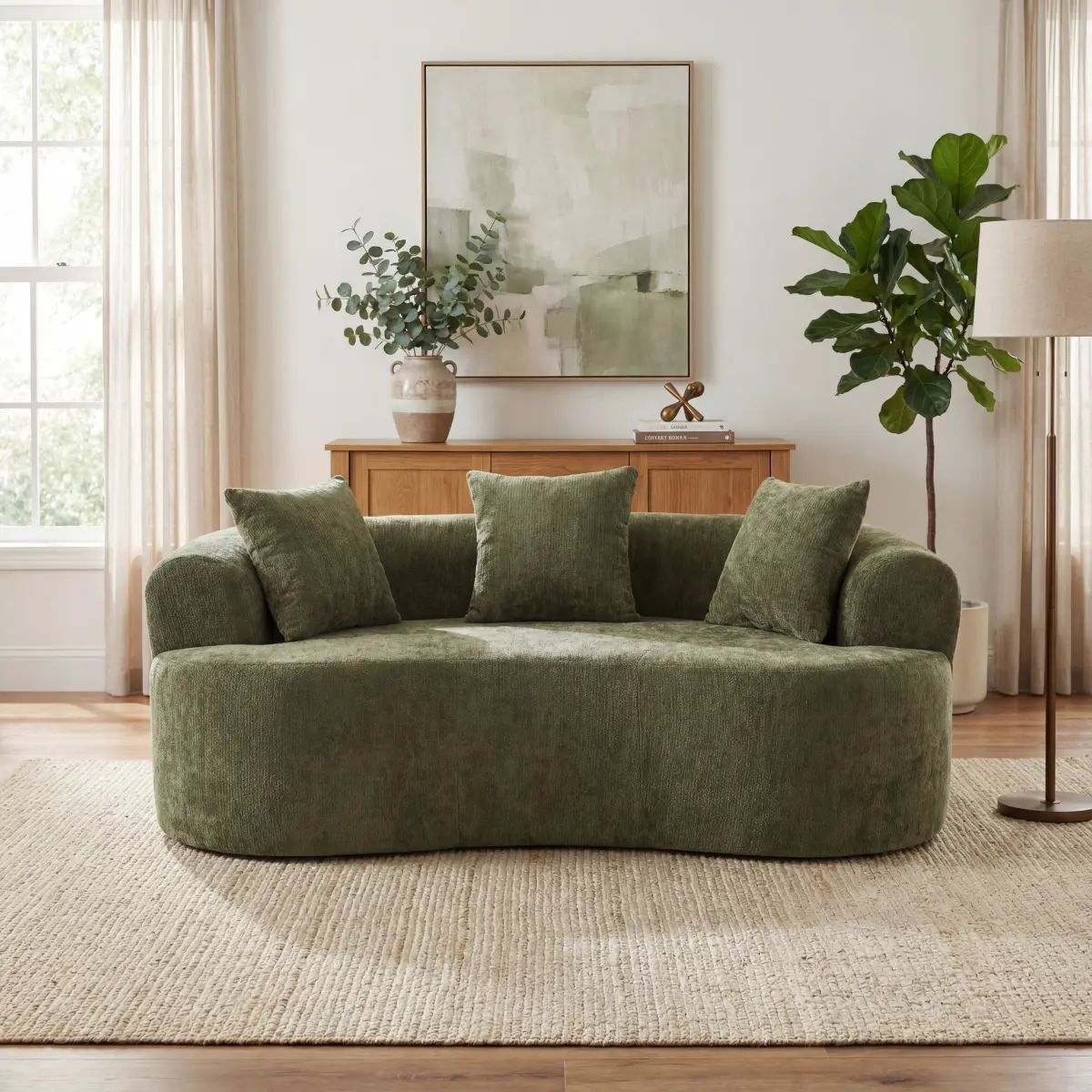 [Bellemave] Crescent-Shaped Sofa, Modern Low-Back Design With Deep Cushions, Self-Inflating Foam-Filled Large Two-Seater Sofa Requiring No Assembly