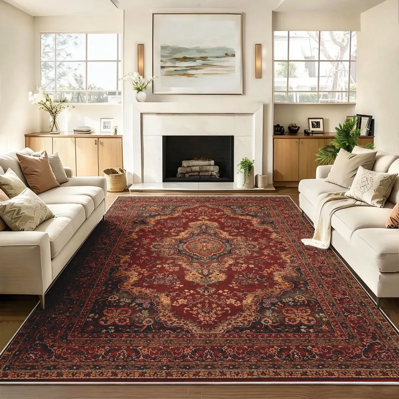 Vintage Deep Burgundy Oriental 9x12ft Area Rug, Ultra-Soft Low-Pile Lightweight Durable Print Carpet for Stylish Living Room, Bedroom, Office, and Dining Room, Non-Slip Stain-Resistant Machine-Washable Versatile Chic Decor Collection