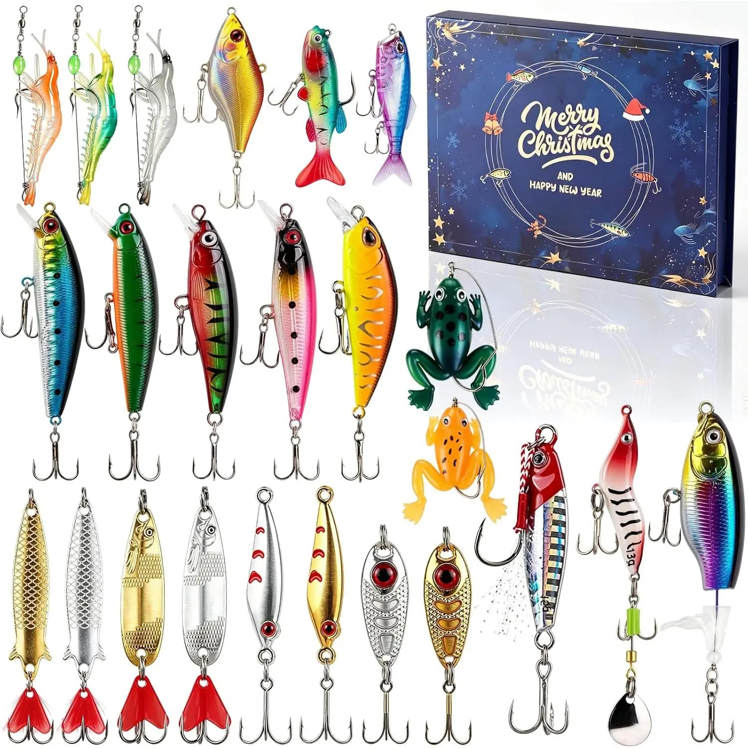 2026 Fishing Lure Christmas Advent Calendar, 24-Day Countdown Set with Razor Hooks, Festive Gift for Adult Men, 24 Days