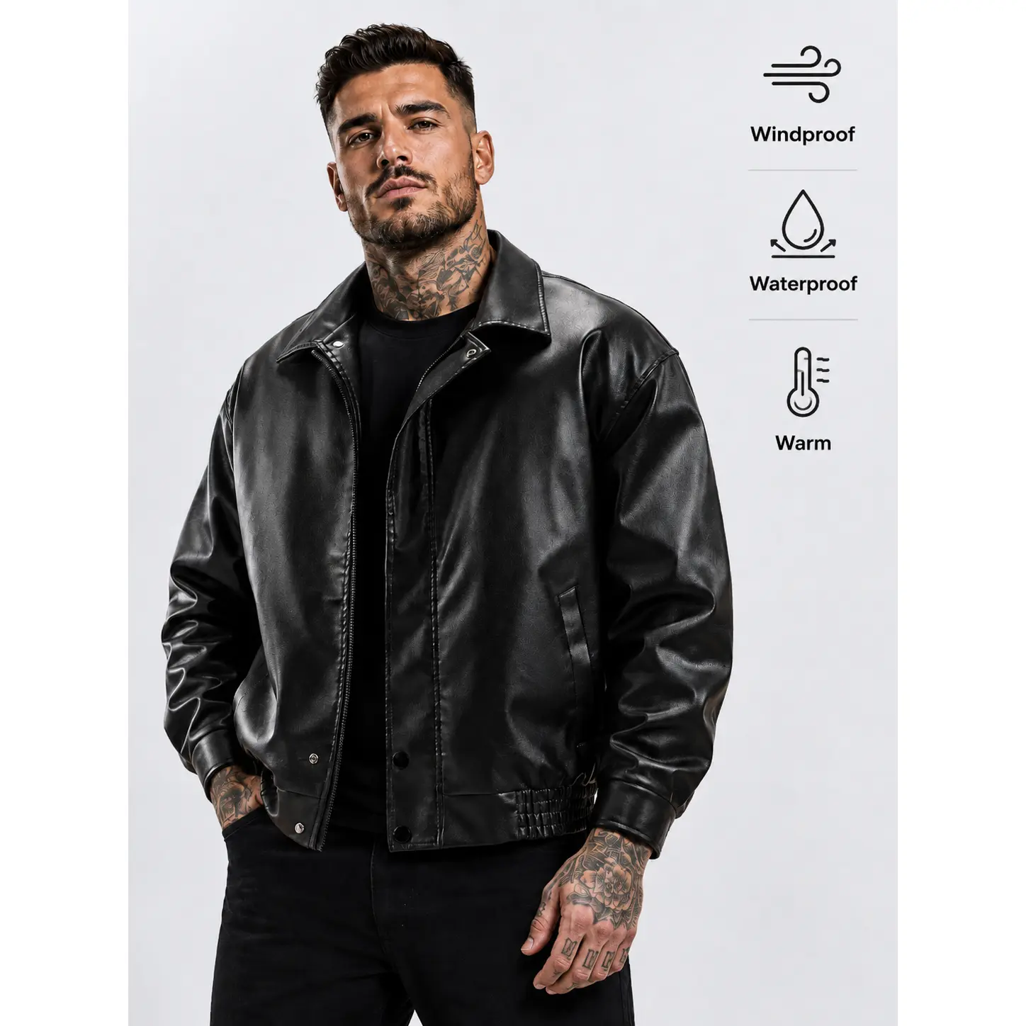 Men's Loose Fit Embossed Faux Leather Bomber Jacket, a Windproof Long Sleeve Streetwear Top with Lapel Collar for Fall Winter Menswear, Tops, Waterproof, Embossed Texture, Machine Wash