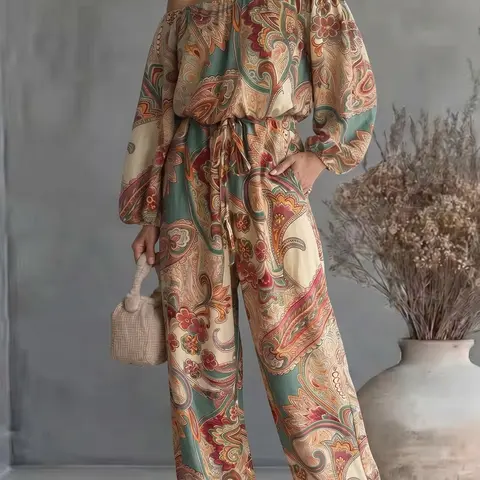 French Vintage Paisley Print Wide-Leg Jumpsuit, Bohemian Chic High-Waist Slim-Fit Jumpsuit for Beach Vacation Tea Time Overalls