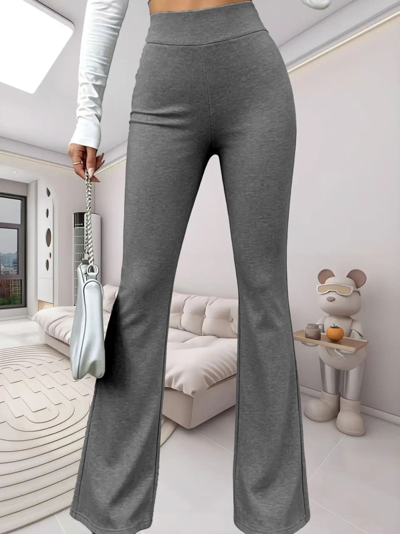 Women's High-Waisted Elastic Flared Pants, Soft Stretch Skinny Bell Bottoms, Minimalist Casual Sportswear, Athleisure Casual Trousers for Home, Yoga, Commute, Travel